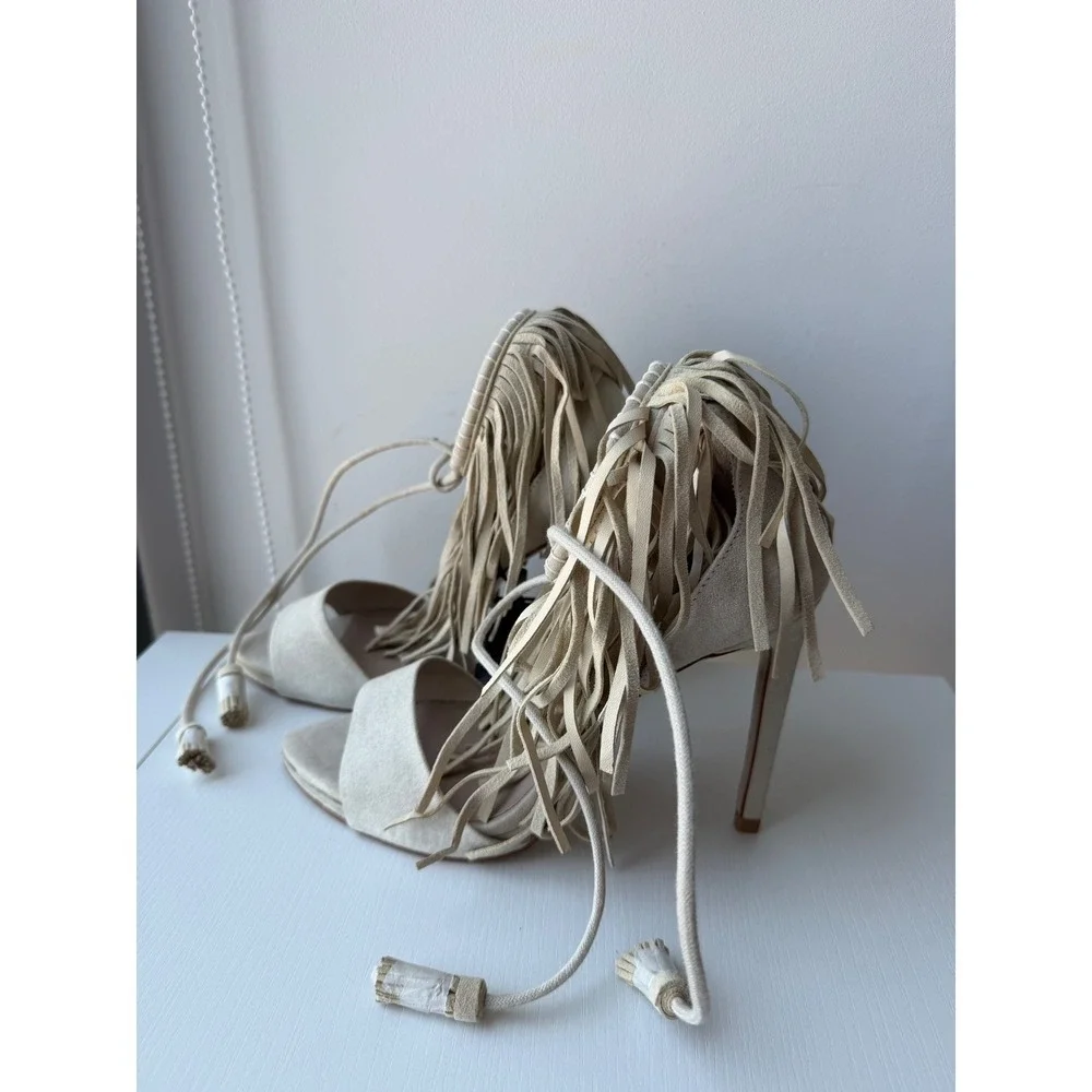 Zara Beige Faux Suede Fringe Lace Up Tassel Stiletto Heeled Sandals Size 8  NWT